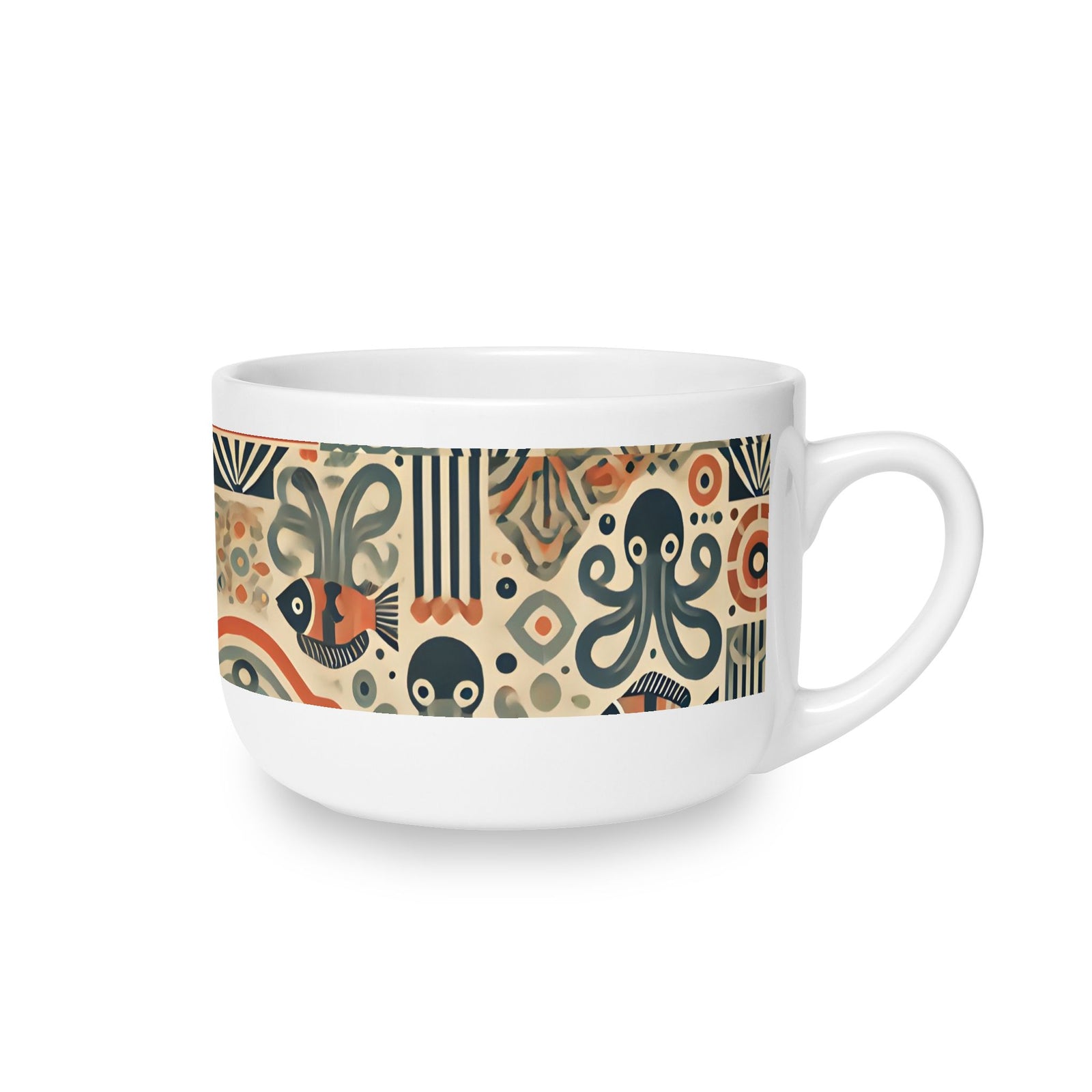25oz Ceramic White Latte Mug — Mid-Century Modern Octopus & Friends