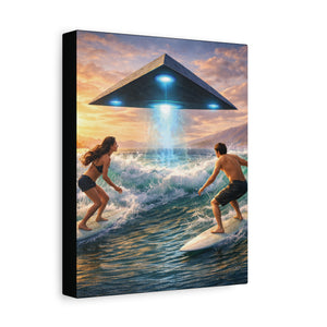 Surfing UFO Canvas Print — Beach Sunset Sci‑Fi Wall Art