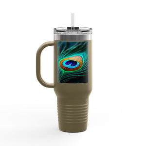 Insulated Travel Mug, 40oz / Peacock Eye Feather, Turquoise- Perfect for Outdoor Adventures