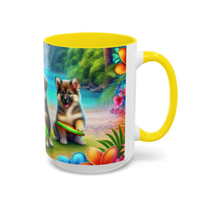 Cute Beach Puppies Playing Frisbee - Black Coffee Mug - Perfect Gift for Dog Lovers