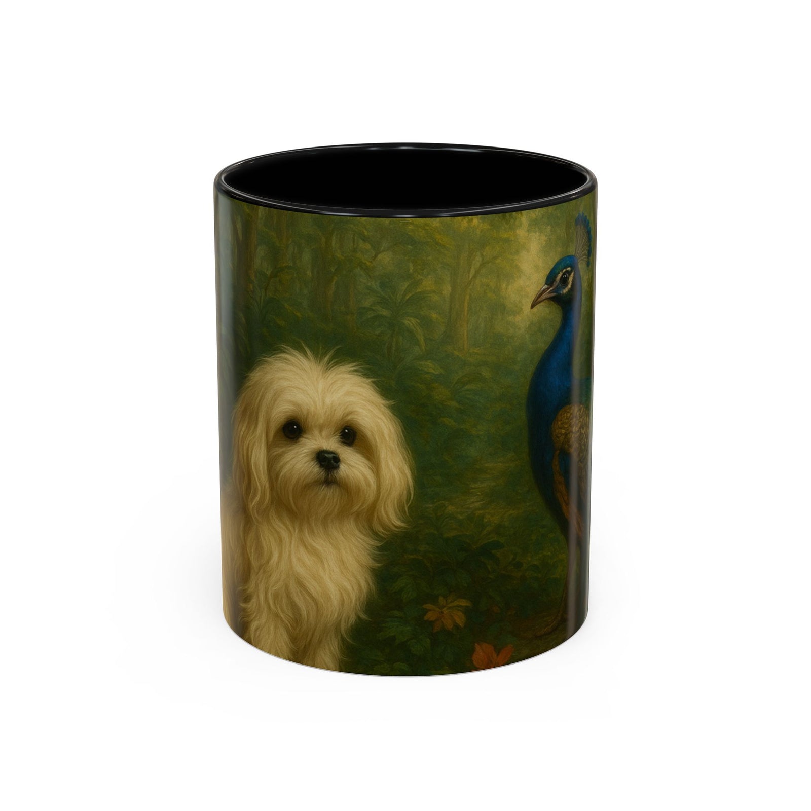 Accent Coffee Mug (11, 15oz), 8 Colors - Puppy Ariel and Peacock