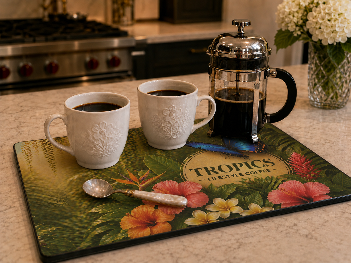 Glass Coffee Station Tray, 2 Sizes - Tropics Lifestyle Coffee Rainforest Butterfly