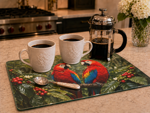 Glass Coffee Station Tray, 2 Sizes – Macaw Parrots & Coffee Plants