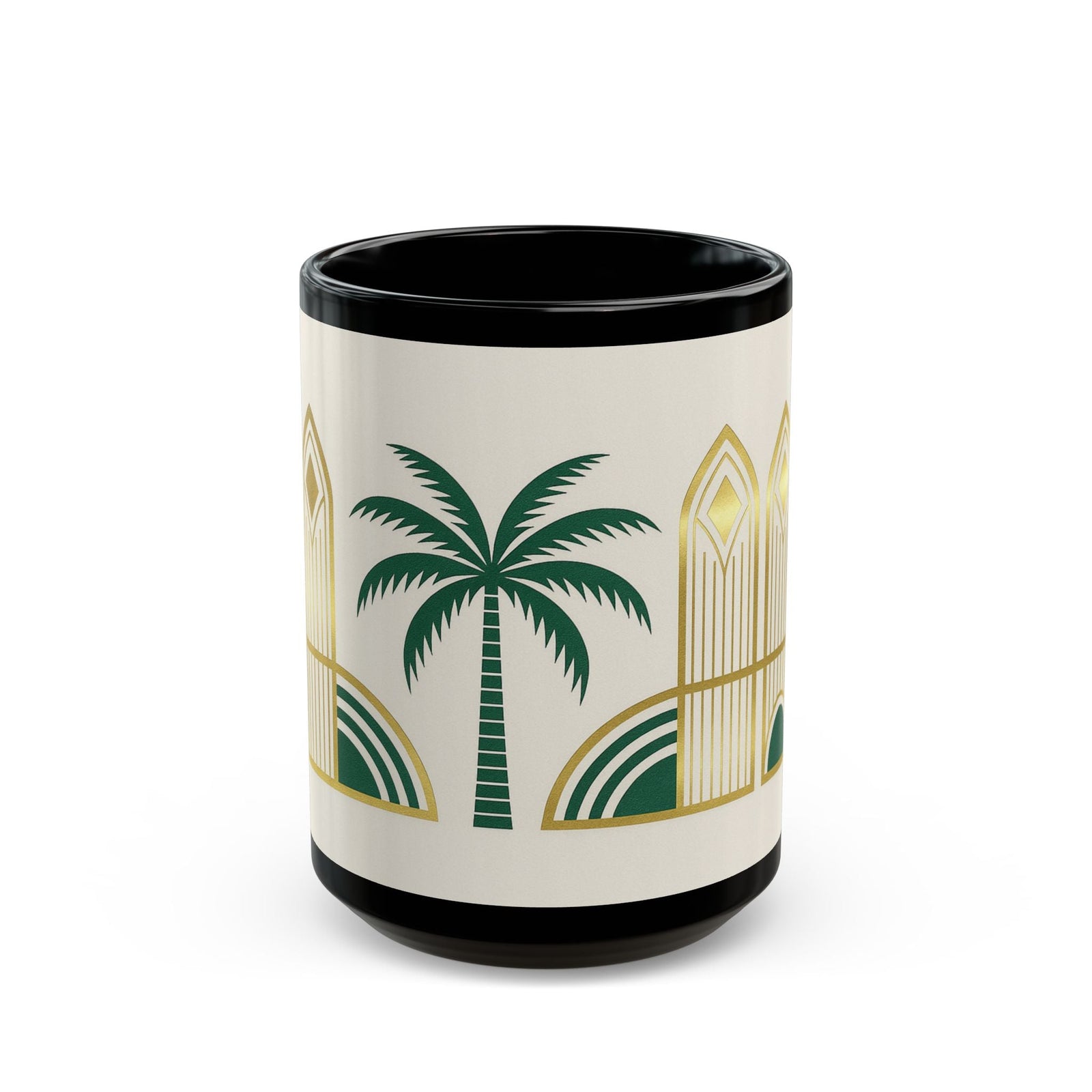 Art Deco Palm Black Mug – Tropical Vintage Coffee Cup (11oz/15oz) - Tropics Lifestyle Coffee
