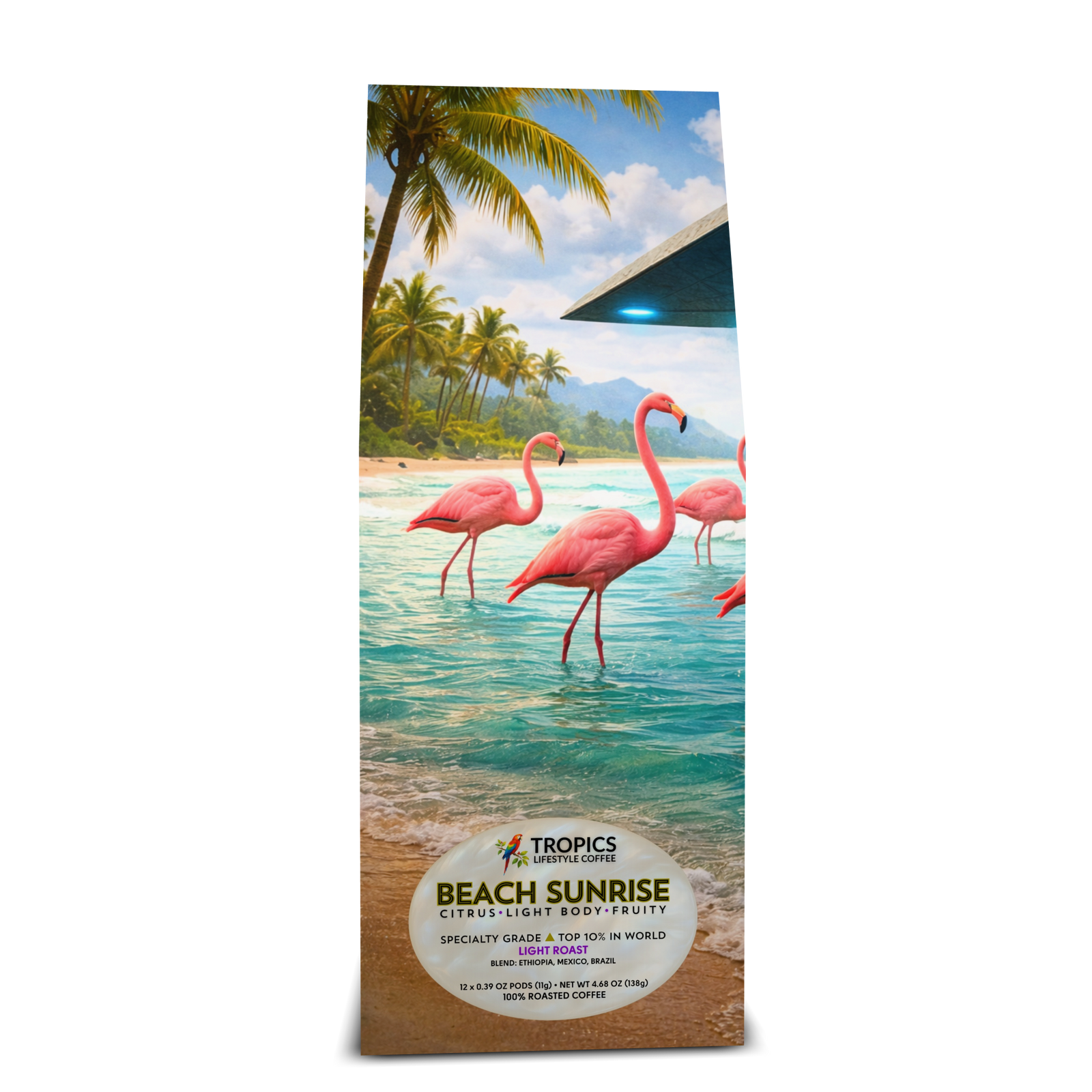 Beach Sunrise Art Box Coffee 12 Oz : UFO & Flamingos - Tropics Lifestyle Coffee