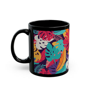 Black Coffee Mug - Colorful Rainforest Leaves - Tropics Lifestyle Coffee