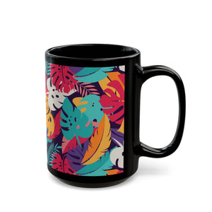 Black Coffee Mug - Colorful Rainforest Leaves - Tropics Lifestyle Coffee