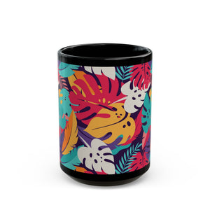 Black Coffee Mug - Colorful Rainforest Leaves - Tropics Lifestyle Coffee