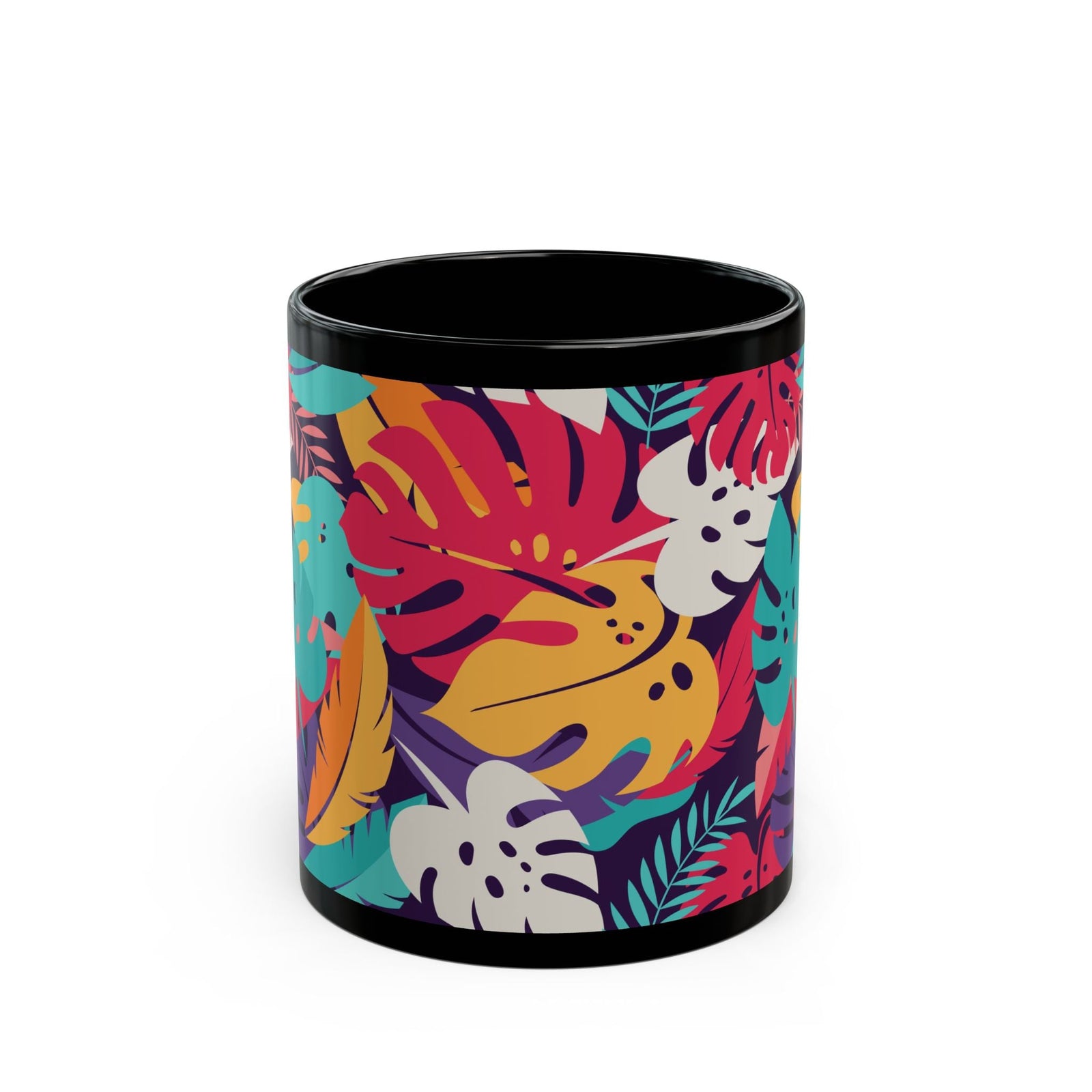Black Coffee Mug - Colorful Rainforest Leaves - Tropics Lifestyle Coffee