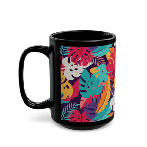 Black Coffee Mug - Colorful Rainforest Leaves - Tropics Lifestyle Coffee