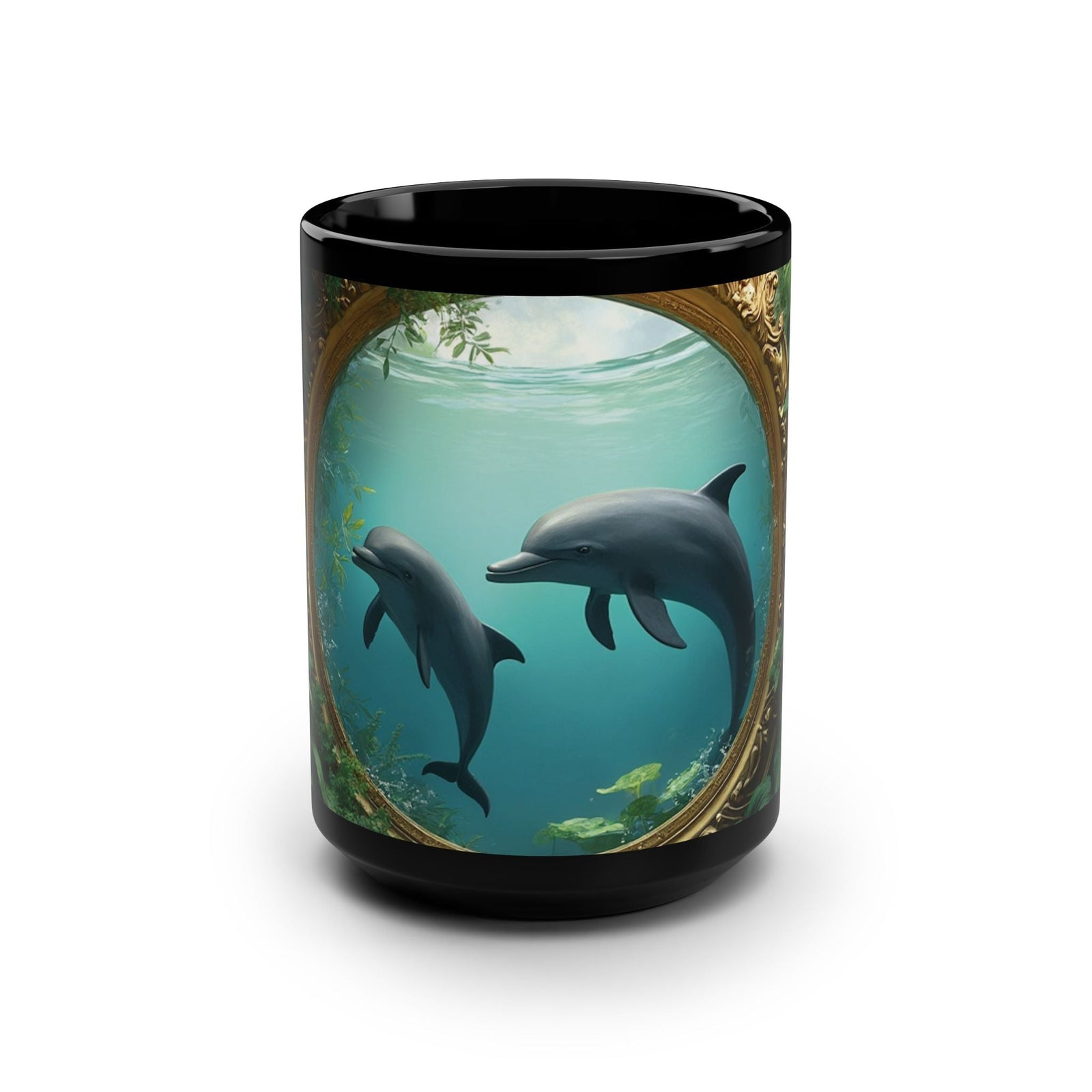 Black Coffee Mug ~ Dolphin Window 15oz - Tropics Lifestyle Coffee