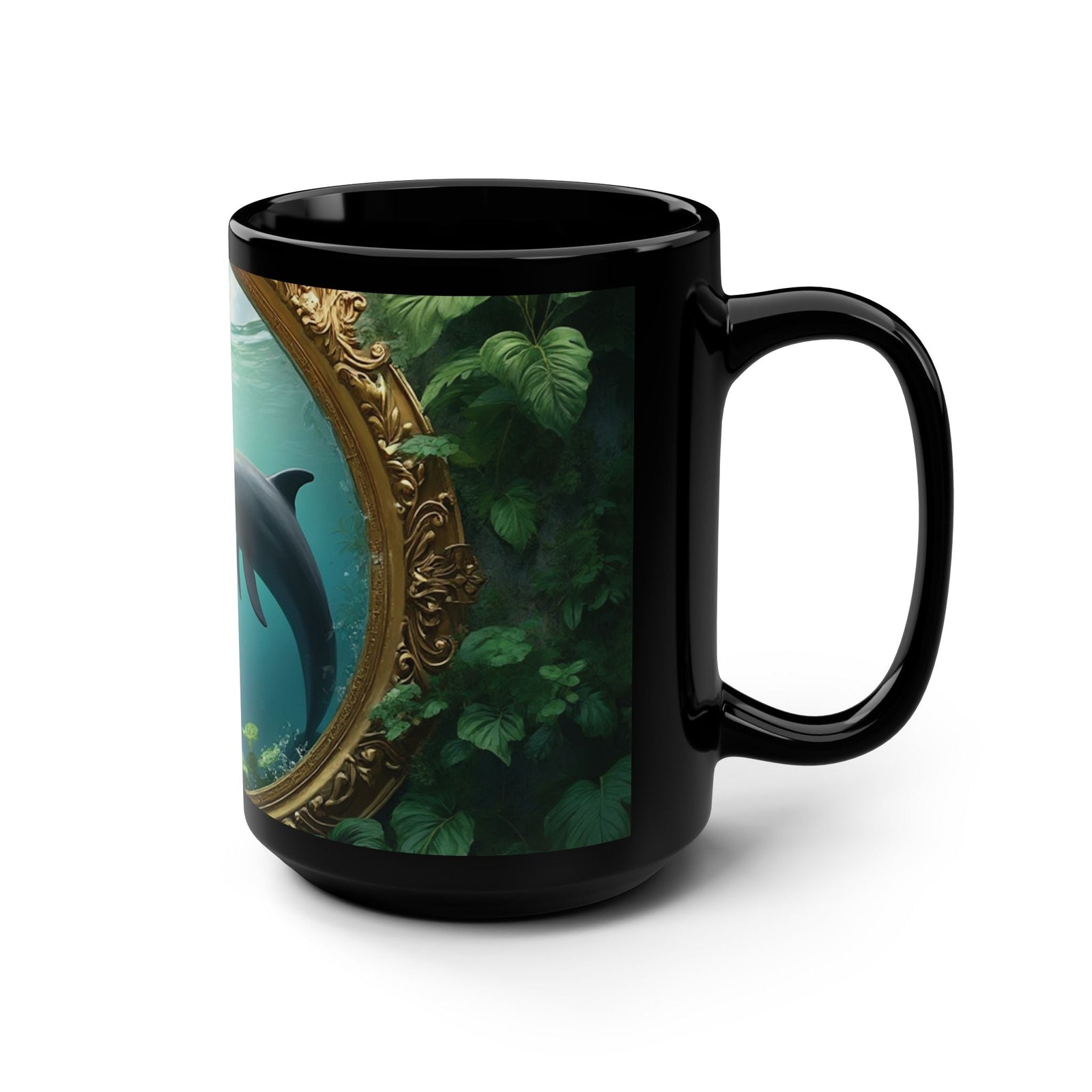 Black Coffee Mug ~ Dolphin Window 15oz - Tropics Lifestyle Coffee