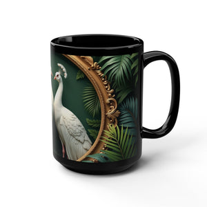 Black Coffee Mug ~ Framed White Peacocks, 15 oz - Tropics Lifestyle Coffee