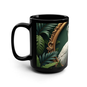 Black Coffee Mug ~ Framed White Peacocks, 15 oz - Tropics Lifestyle Coffee