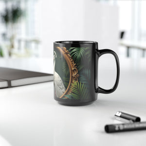 Black Coffee Mug ~ Framed White Peacocks, 15 oz - Tropics Lifestyle Coffee