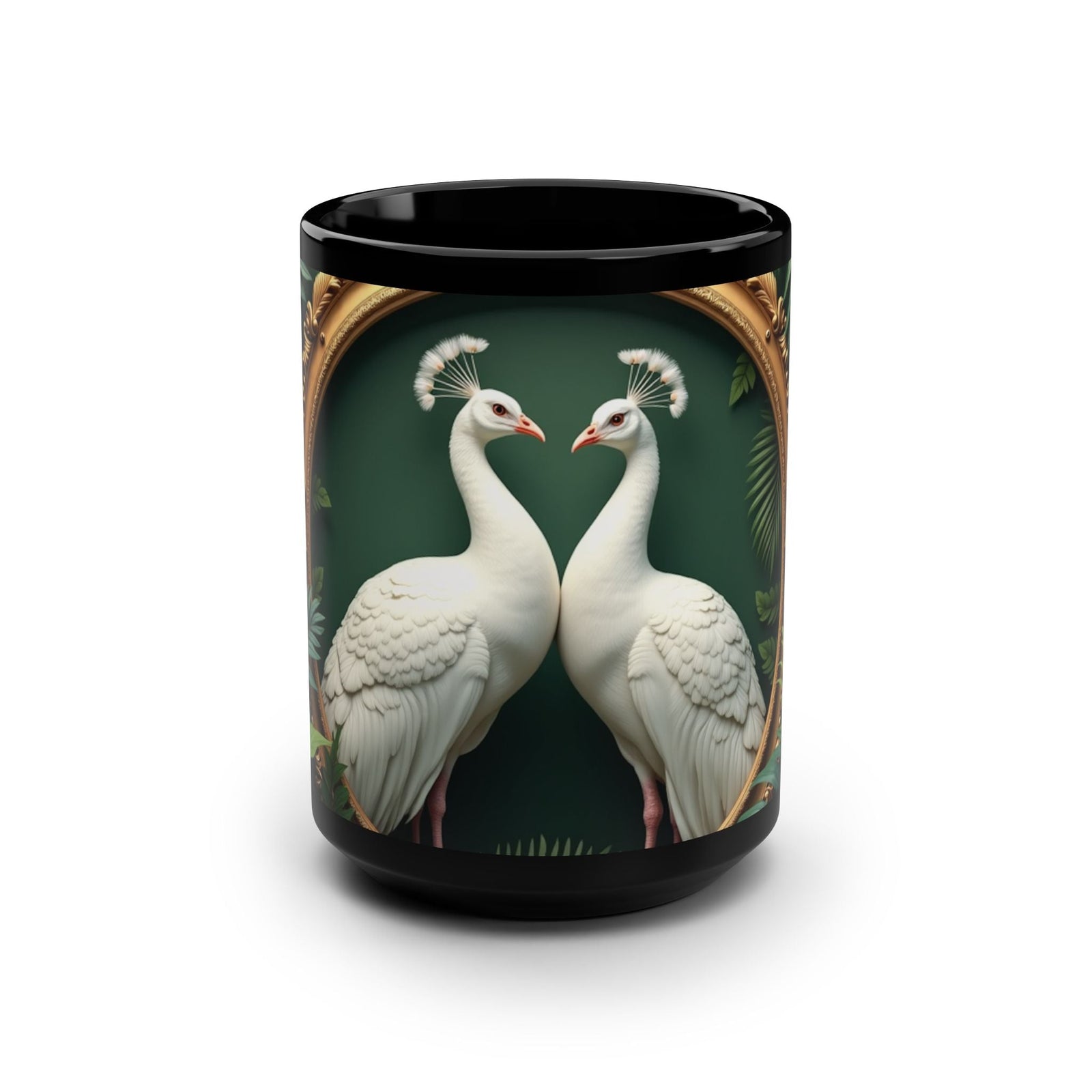 Black Coffee Mug ~ Framed White Peacocks, 15 oz - Tropics Lifestyle Coffee