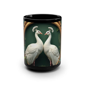 Black Coffee Mug ~ Framed White Peacocks, 15 oz - Tropics Lifestyle Coffee