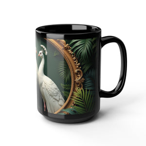 Black Coffee Mug ~ Framed White Peacocks, 15 oz - Tropics Lifestyle Coffee