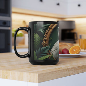 Black Coffee Mug ~ Framed White Peacocks, 15 oz - Tropics Lifestyle Coffee