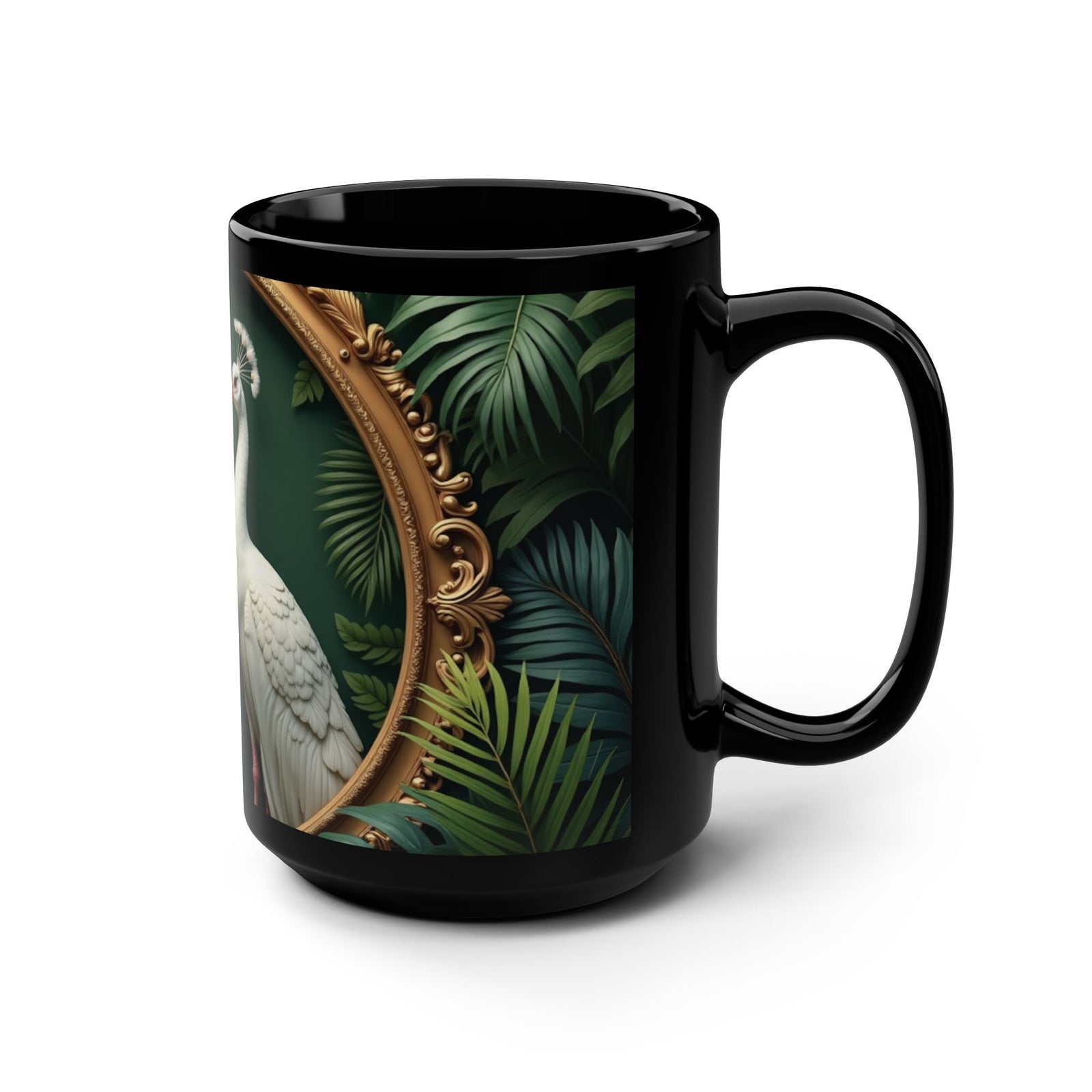 Black Coffee Mug ~ Framed White Peacocks, 15 oz - Tropics Lifestyle Coffee