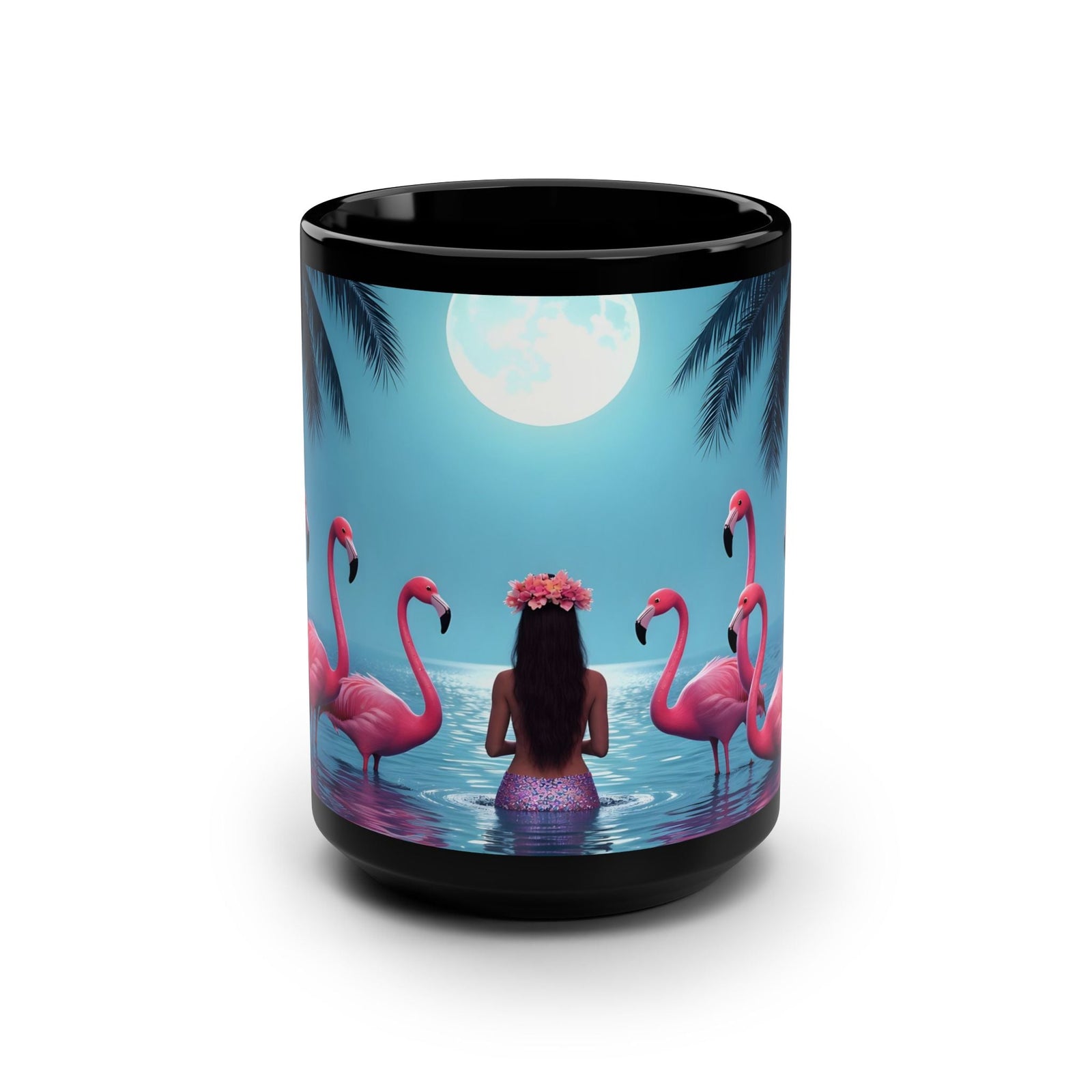 Black Coffee Mug — Moonlit Mermaid on Flamingo Beach 15oz - Tropics Lifestyle Coffee
