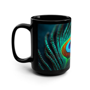 Black Coffee Mug ~ Peacock Feather 15oz - Tropics Lifestyle Coffee