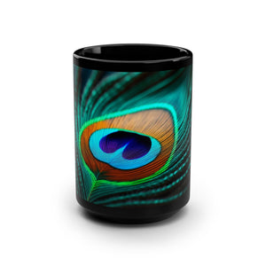 Black Coffee Mug ~ Peacock Feather 15oz - Tropics Lifestyle Coffee