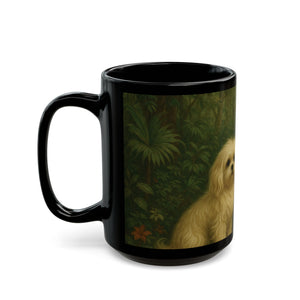 Black Coffee Mug - Puppy Ariel and Peacock - Tropics Lifestyle Coffee