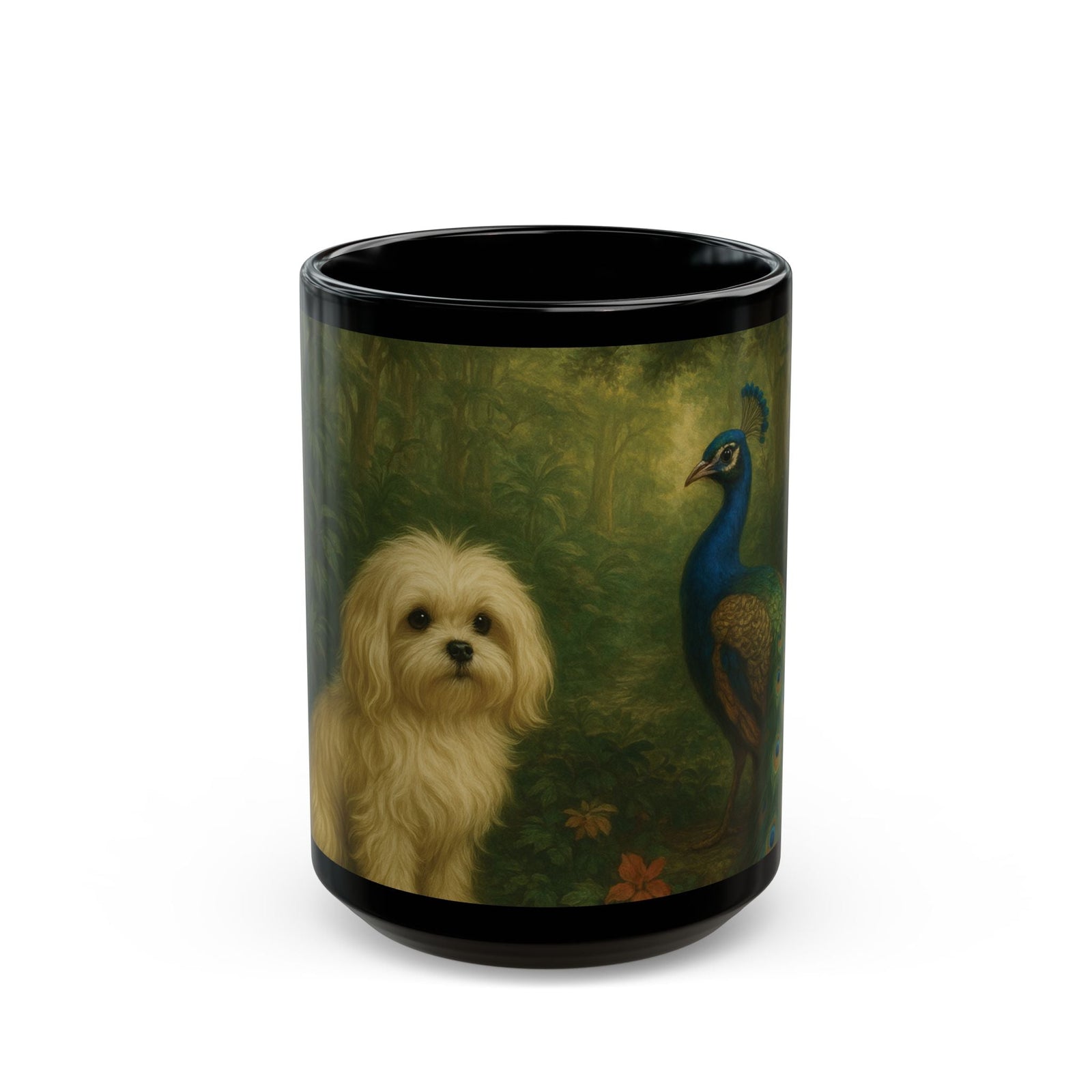 Black Coffee Mug - Puppy Ariel and Peacock - Tropics Lifestyle Coffee