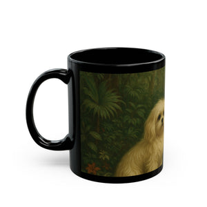 Black Coffee Mug - Puppy Ariel and Peacock - Tropics Lifestyle Coffee
