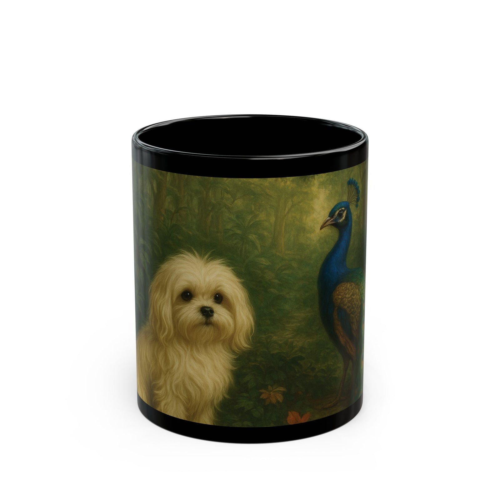 Black Coffee Mug - Puppy Ariel and Peacock - Tropics Lifestyle Coffee