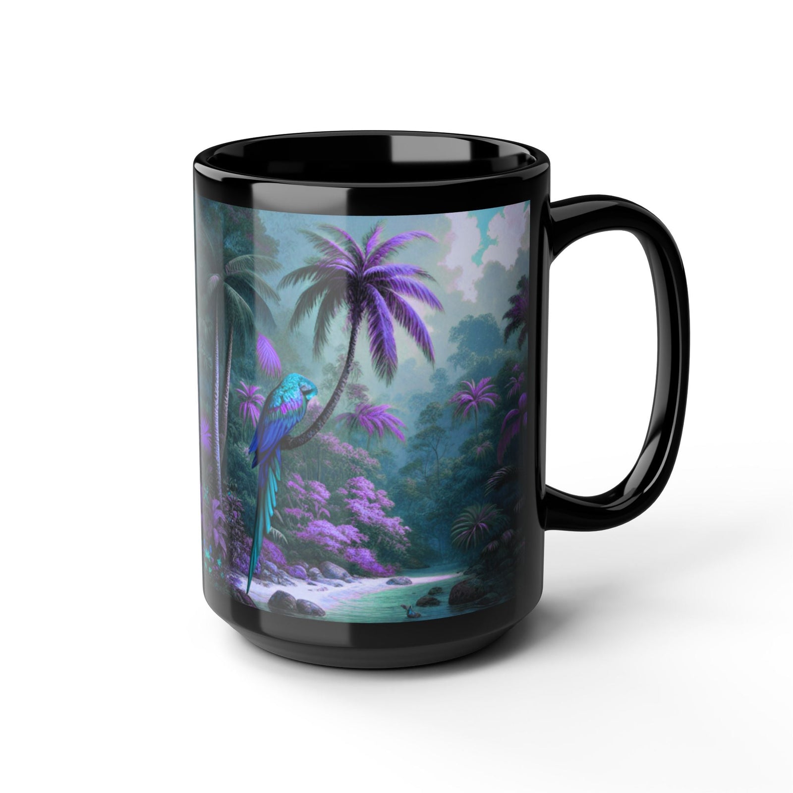 Black Coffee Mug ~ Sleeping Beauty Parrot, Violet 15oz - Tropics Lifestyle Coffee