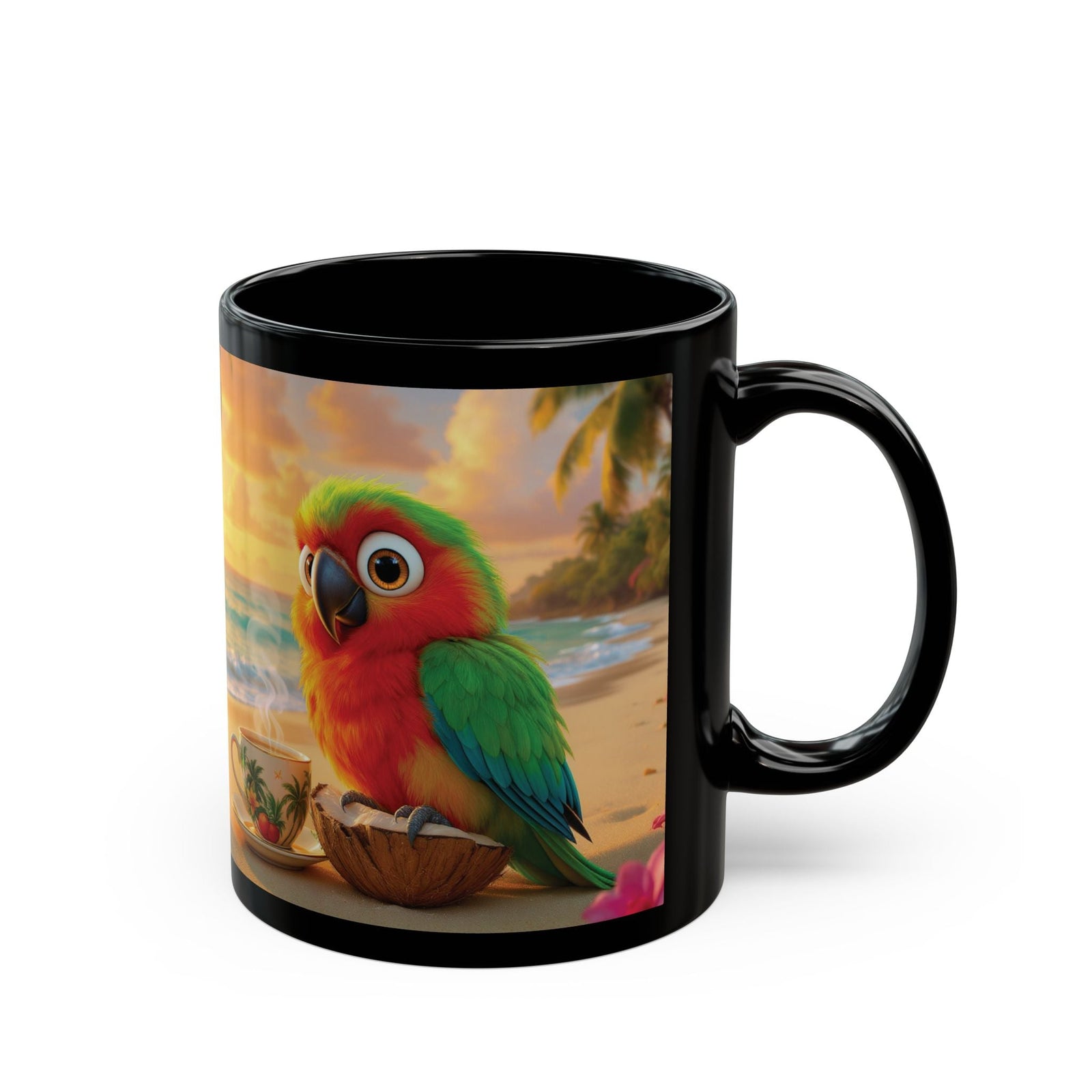 Black Coffee Mug - Tiki the Parrot on the Beach - Tropics Lifestyle Coffee