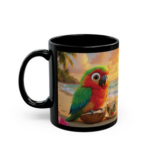 Black Coffee Mug - Tiki the Parrot on the Beach - Tropics Lifestyle Coffee