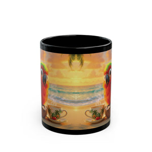 Black Coffee Mug - Tiki the Parrot on the Beach - Tropics Lifestyle Coffee