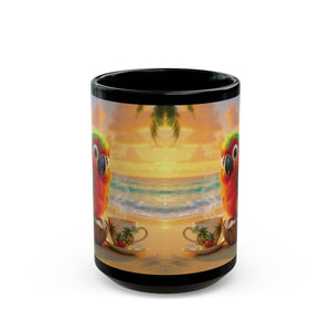 Black Coffee Mug - Tiki the Parrot on the Beach - Tropics Lifestyle Coffee