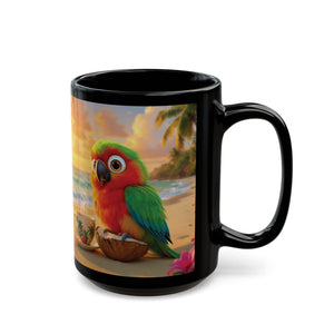 Black Coffee Mug - Tiki the Parrot on the Beach - Tropics Lifestyle Coffee