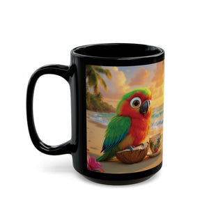Black Coffee Mug - Tiki the Parrot on the Beach - Tropics Lifestyle Coffee