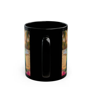 Black Coffee Mug - Tiki the Parrot on the Beach - Tropics Lifestyle Coffee