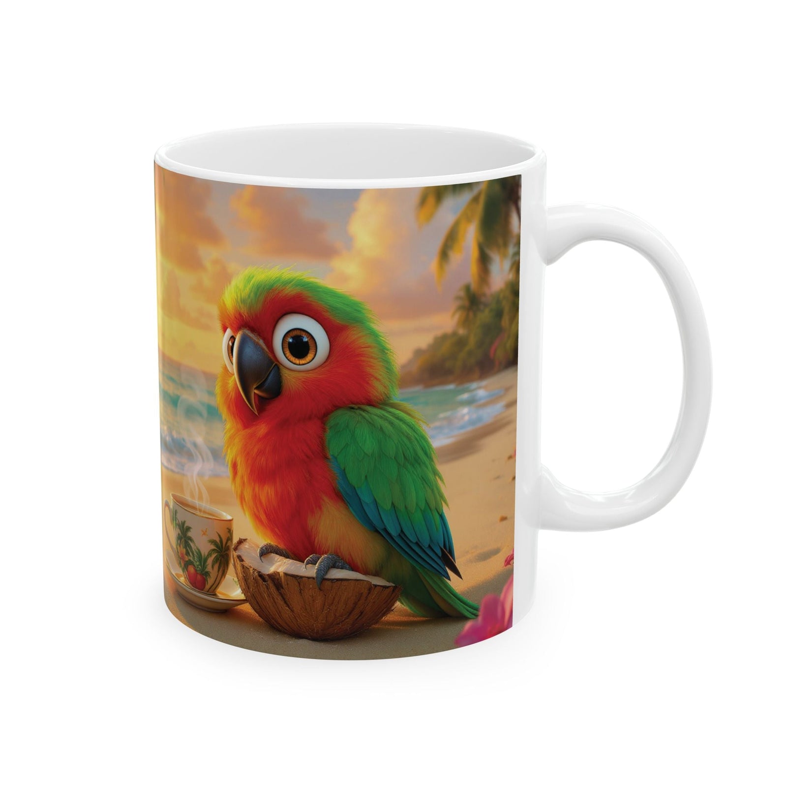 Ceramic White Mug - Tiki the Parrot on the Beach - Tropics Lifestyle Coffee
