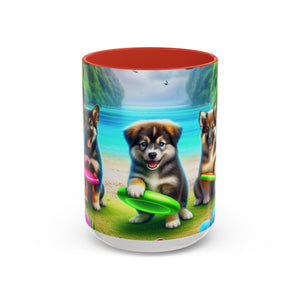 Cute Beach Puppies Playing Frisbee - Black Coffee Mug - Perfect Gift for Dog Lovers - Tropics Lifestyle Coffee