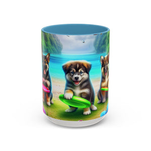 Cute Beach Puppies Playing Frisbee - Black Coffee Mug - Perfect Gift for Dog Lovers - Tropics Lifestyle Coffee