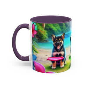 Cute Beach Puppies Playing Frisbee - Black Coffee Mug - Perfect Gift for Dog Lovers - Tropics Lifestyle Coffee