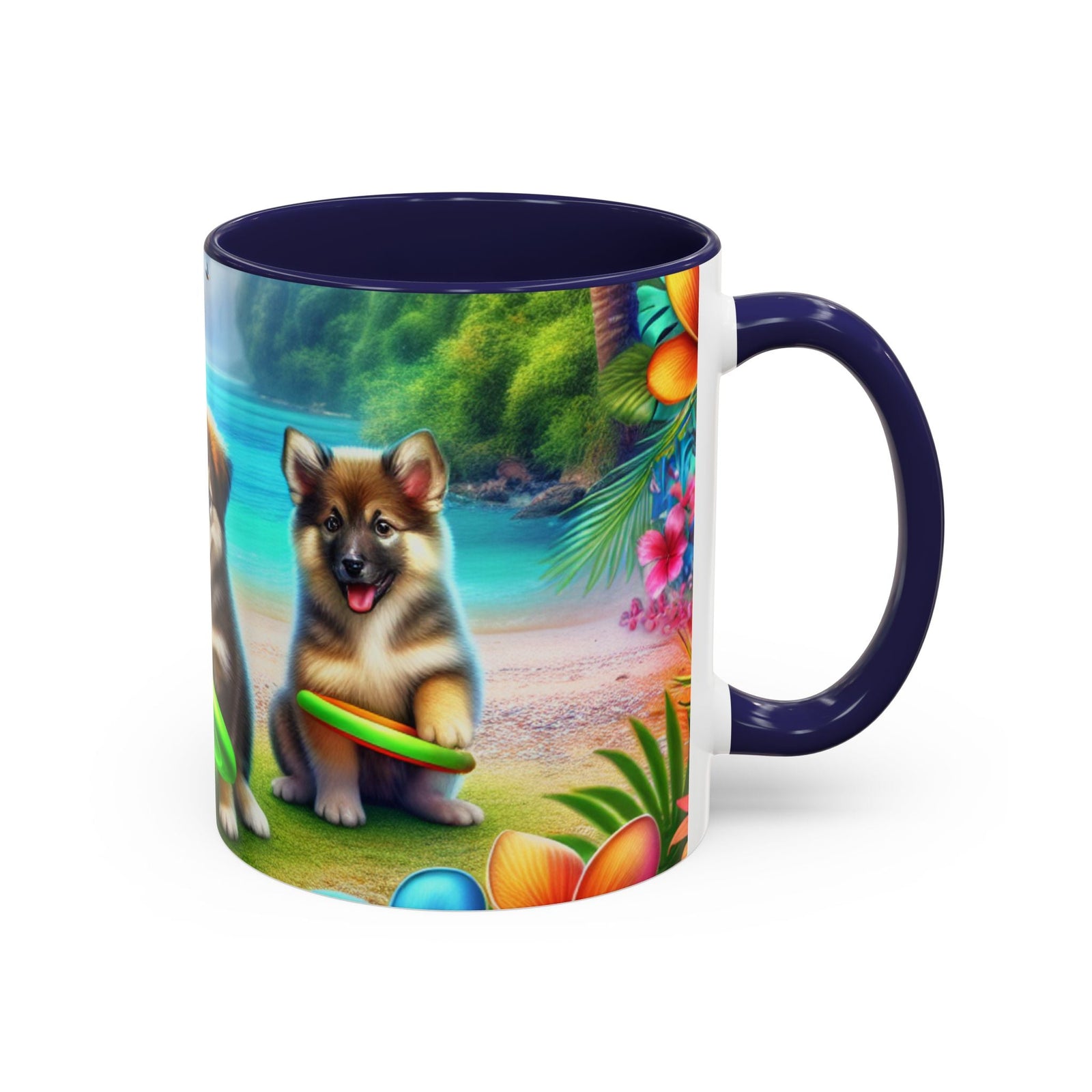 Cute Beach Puppies Playing Frisbee - Black Coffee Mug - Perfect Gift for Dog Lovers - Tropics Lifestyle Coffee