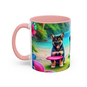 Cute Beach Puppies Playing Frisbee - Black Coffee Mug - Perfect Gift for Dog Lovers - Tropics Lifestyle Coffee