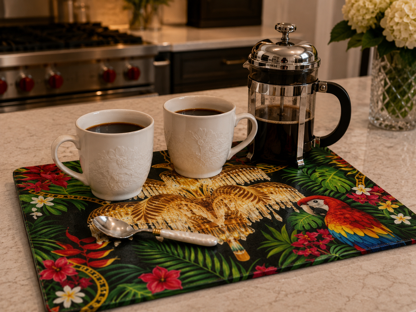 Glass Coffee Station Tray, ~ :Hollywood Regency Parrot, 2 sizes