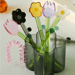 Colored Glass Flower Spoons, 6"L