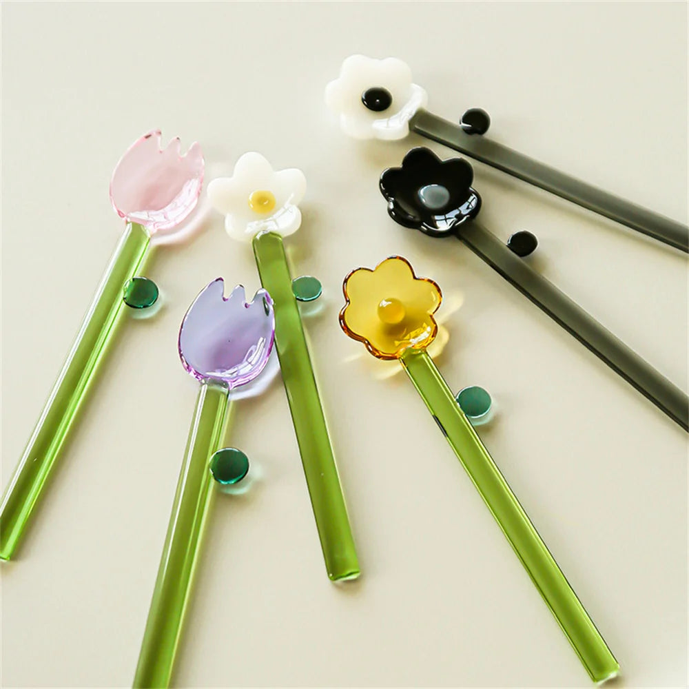 Colored Glass Flower Spoons, 6"L
