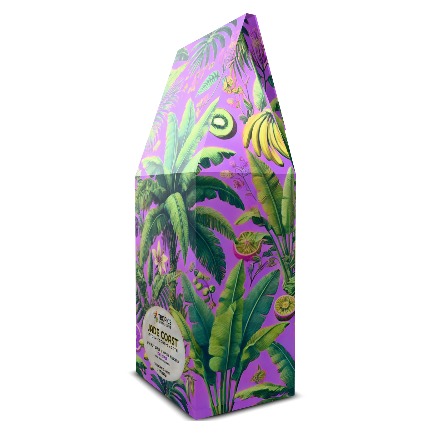 Jade Coast Art Box Coffee 12 Oz: Palms & Bananas, Purple - Tropics Lifestyle Coffee