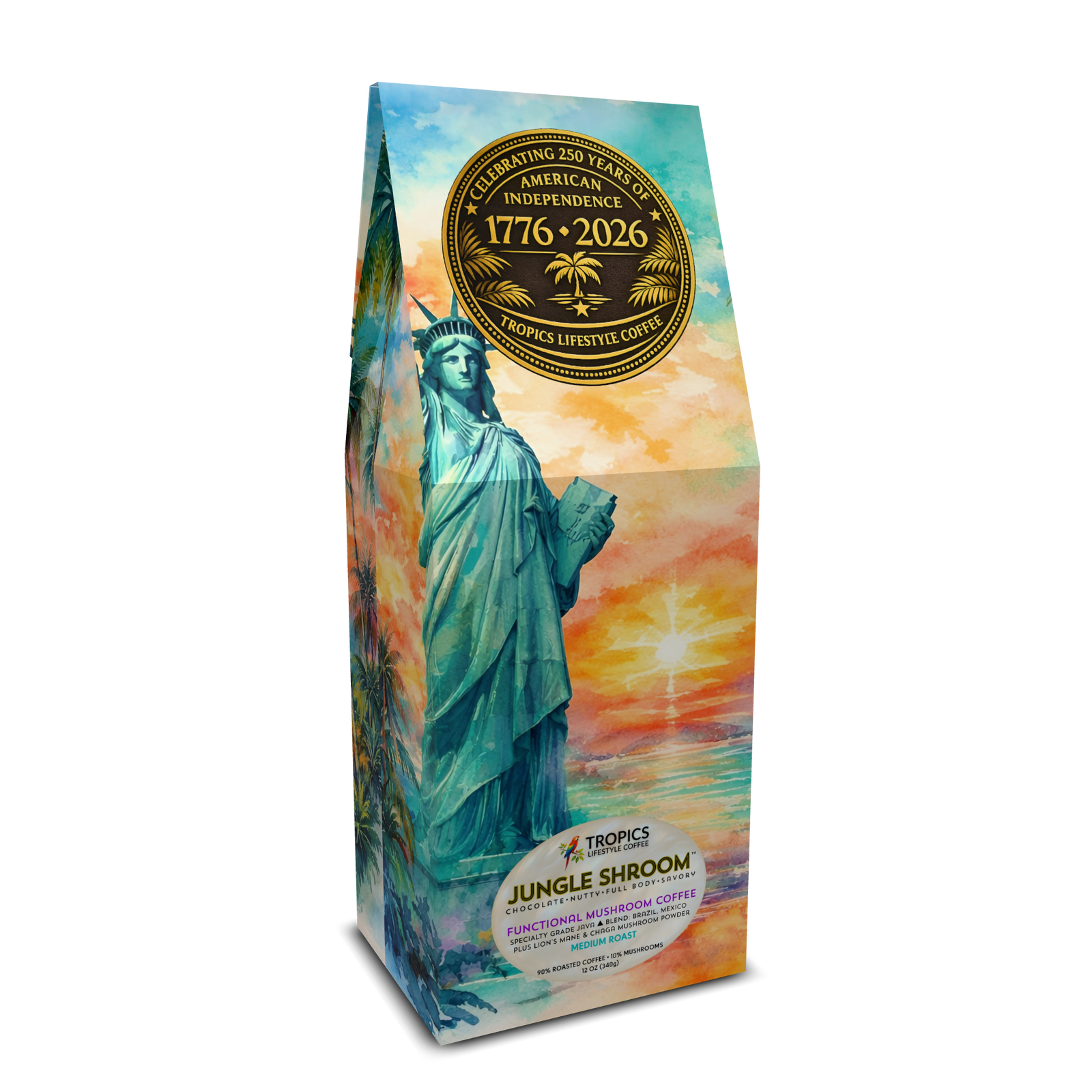 Jungle Shroom Art Box Mushroom Coffee 12 Oz: USA 250th Birthday - Tropics Lifestyle Coffee